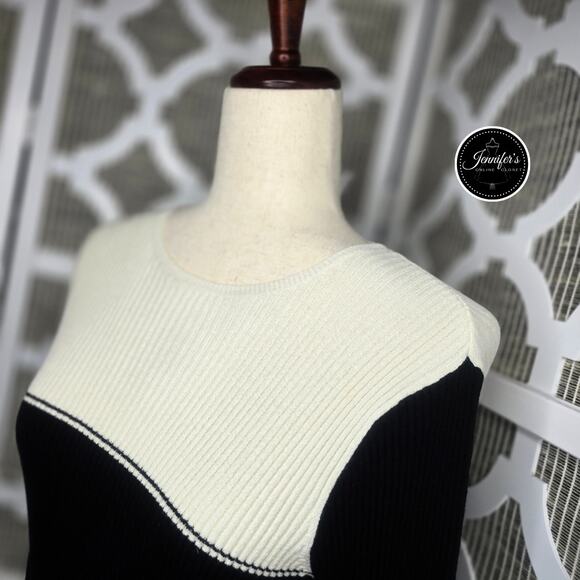 Talbots Petites Black and Cream 3/4 Sleeve Ribbed Pull Over Sweater Size Small - Picture 2 of 9